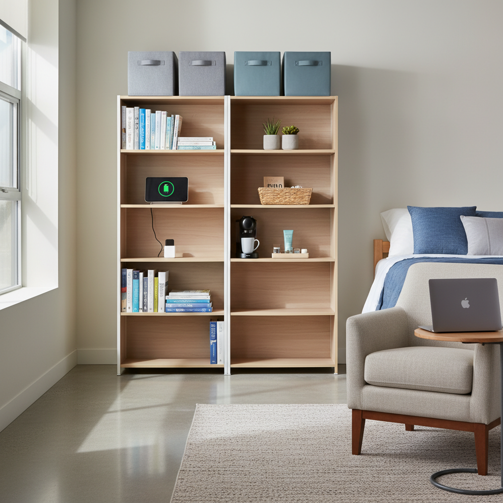 A well-organized dorm room showing vertical storage zones in action - tall shelving unit against the wall with books on bottom shelves, daily items in middle sections, and storage bins on top shelves, with clear walkway space maintained