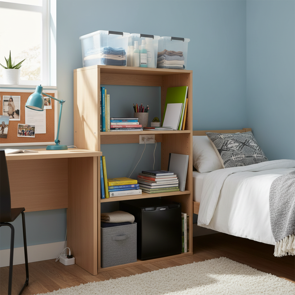 A narrow IKEA IVAR shelving unit positioned between a desk and bed in a dorm room, with clear storage bins on top shelves, books and supplies on middle shelves, and heavier items on bottom shelves, demonstrating proper weight distribution