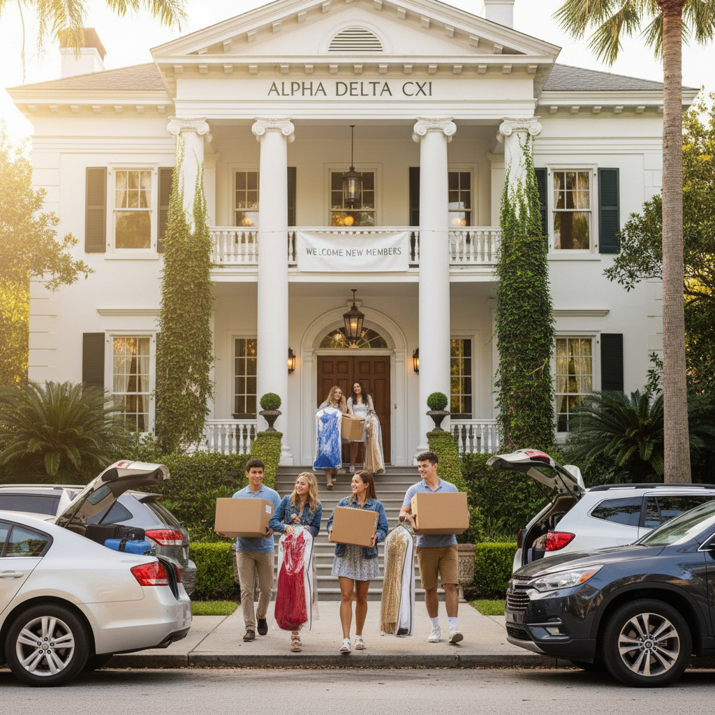 College students carrying moving boxes and formal dresses up the front steps of a traditional white-columned sorority house, with Greek letters visible above the entrance and multiple cars parked outside during move-in day