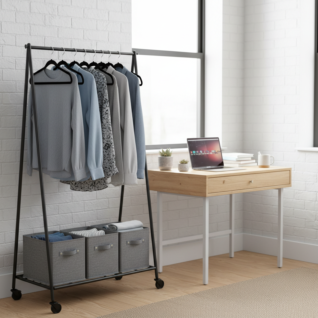 A well-organized dorm room corner showing a rolling garment rack with clothes hung on slim velvet hangers, a bottom shelf with folded items in fabric bins, positioned next to a small desk area with good natural lighting