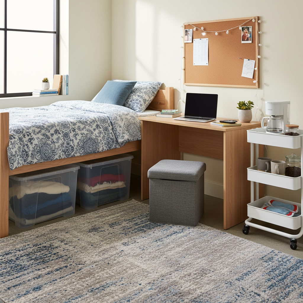 A compact dorm room showing efficient furniture placement with a storage ottoman being used as seating, under-bed storage containers partially visible, and a rolling cart serving as a coffee station next to a desk