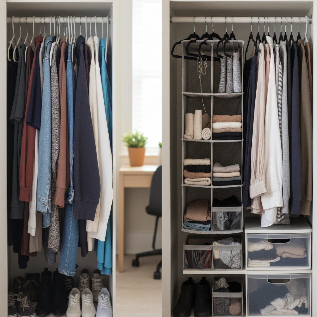 Close-up photo of a small dorm closet showing the contrast between the left side with bulky plastic hangers and clothes crammed together, and the right side organized with slim velvet hangers, cascading hooks, and a hanging shelf organizer with items neatly separated and easily accessible