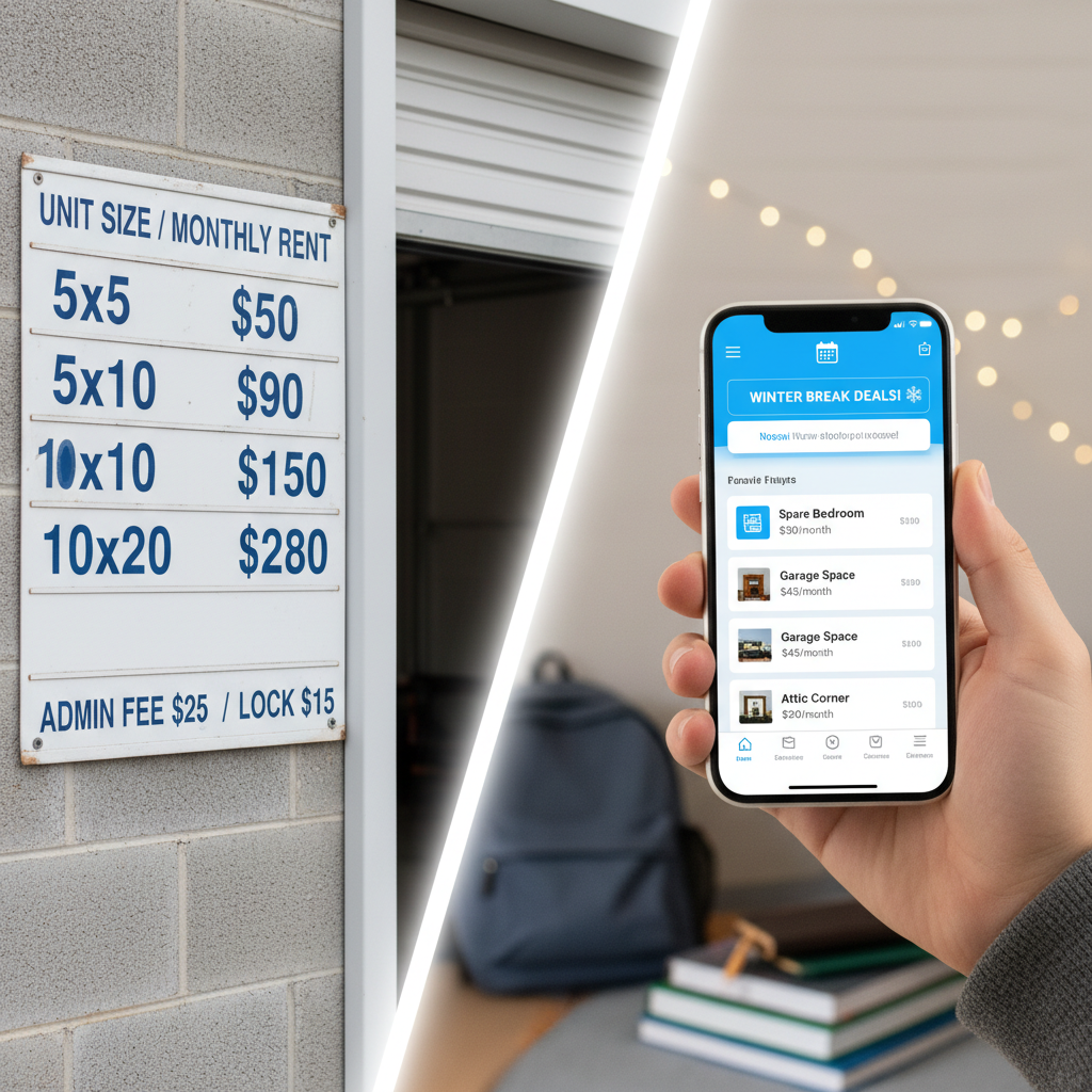 Split image showing storage cost comparison - traditional storage facility pricing sign next to a smartphone displaying a peer-to-peer storage app interface with winter break deals