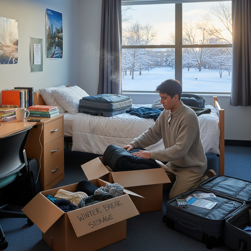 College student packing winter clothes and dorm items into boxes in a dorm room with snow visible through the window, showing the urgency of winter break moving timeline