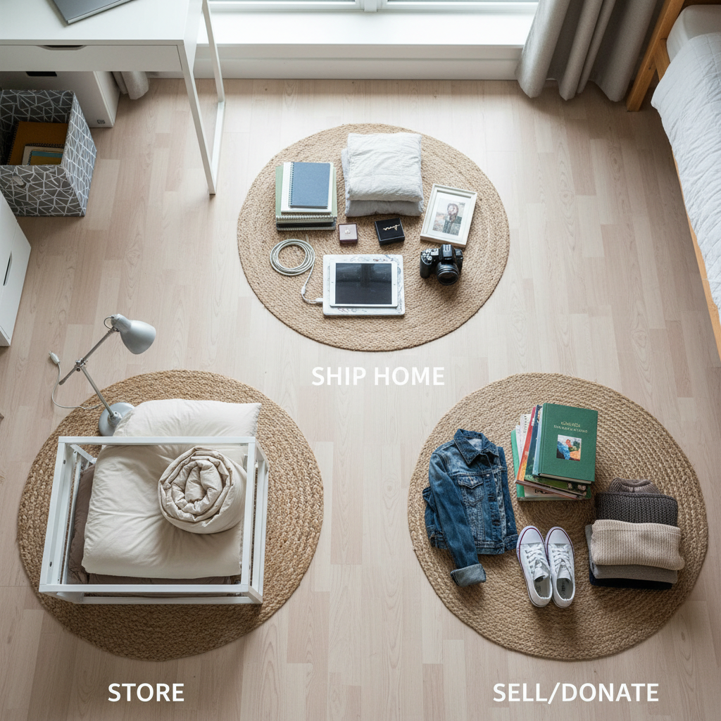 Overhead view of a dorm room floor with three distinct piles: items labeled 