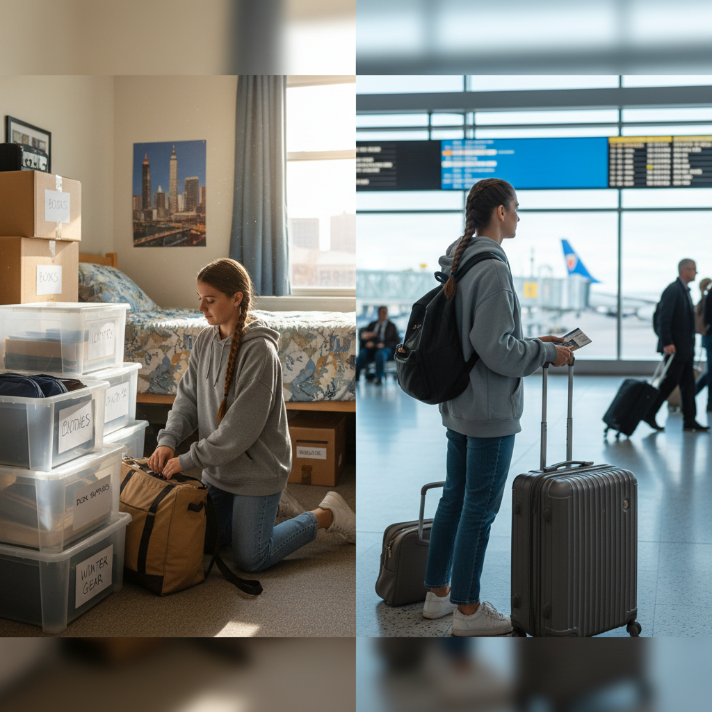 Split-screen photo showing a student's packed dorm room with labeled boxes and storage containers on one side, and the same student with a suitcase at an airport departure gate on the other side