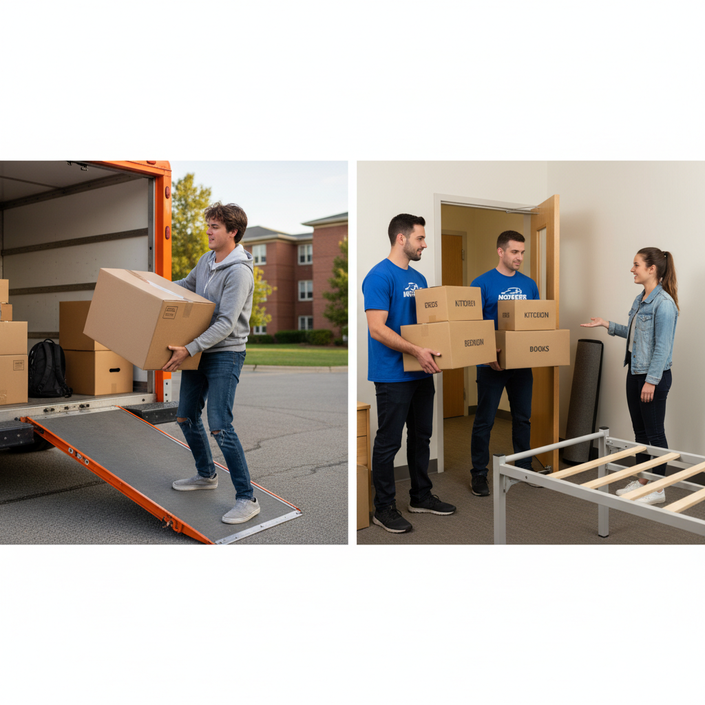 Split-screen comparison showing a college student loading boxes into a U-Haul truck on the left, and professional movers picking up labeled boxes from a dorm room on the right