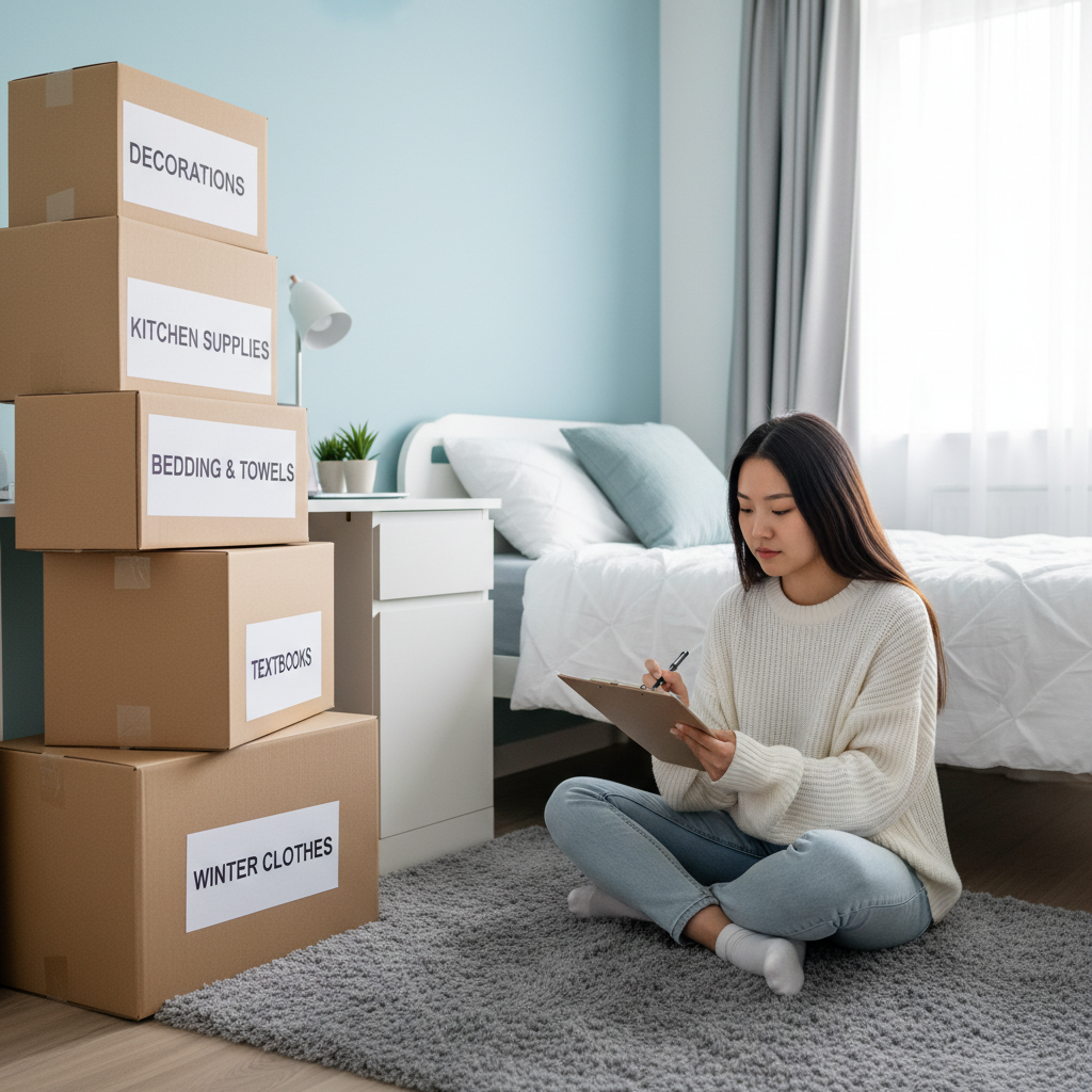 Neatly organized dorm room with labeled boxes stacked along one wall, showing items like 