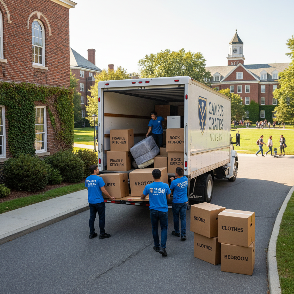 College student movers in branded uniforms carefully loading clearly labeled storage boxes and dorm furniture into a professional moving truck parked outside a university residence hall, with the campus visible in the background