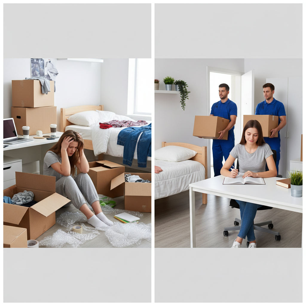 Split-screen comparison showing a stressed college student surrounded by boxes and packing supplies in a messy dorm room on one side, and a relaxed student studying while professional movers handle packed items in the background on the other side