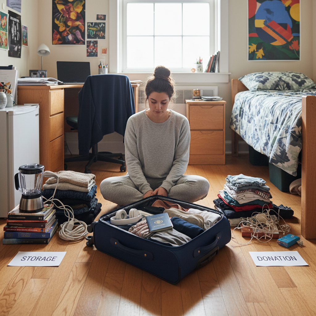 College student sitting on dorm room floor surrounded by organized piles of belongings - one pile for storage (textbooks, winter clothes, small appliances), one pile for donation (old clothes, unused items), and an open suitcase being packed with travel essentials. The dorm room should look lived-in with posters on walls and typical college furniture.