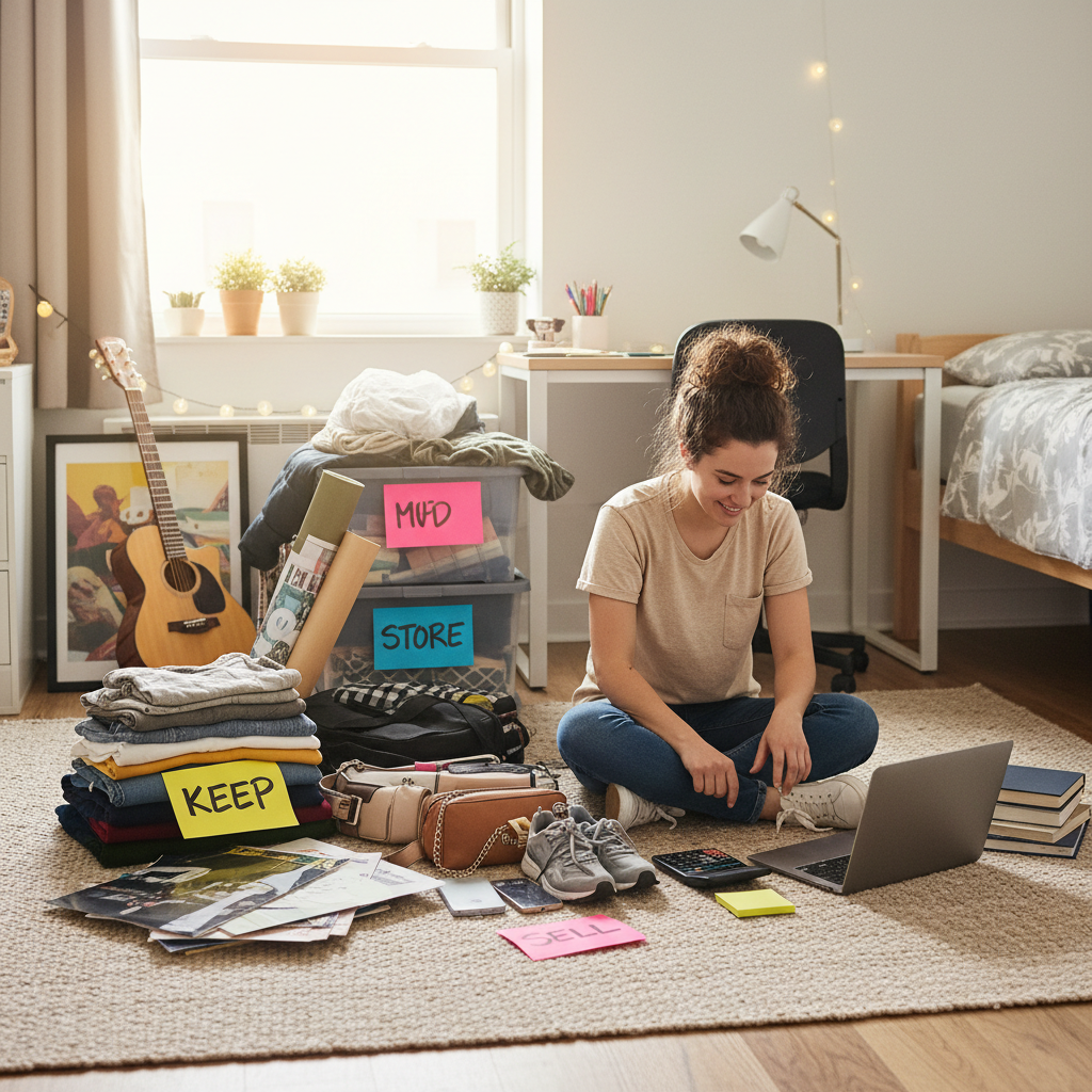 A college student sitting on their dorm room floor with a calculator, laptop, and multiple piles of belongings sorted around them, with sticky notes labeled 