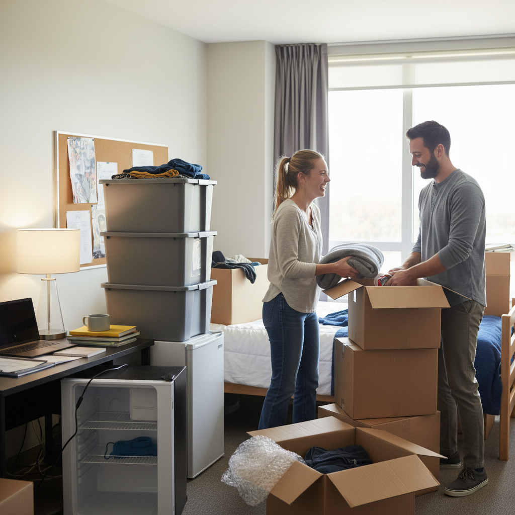 College student and parent packing boxes in a dorm room, with various items like a mini-fridge, desk lamp, and storage boxes visible, showing the typical volume of belongings that need summer storage