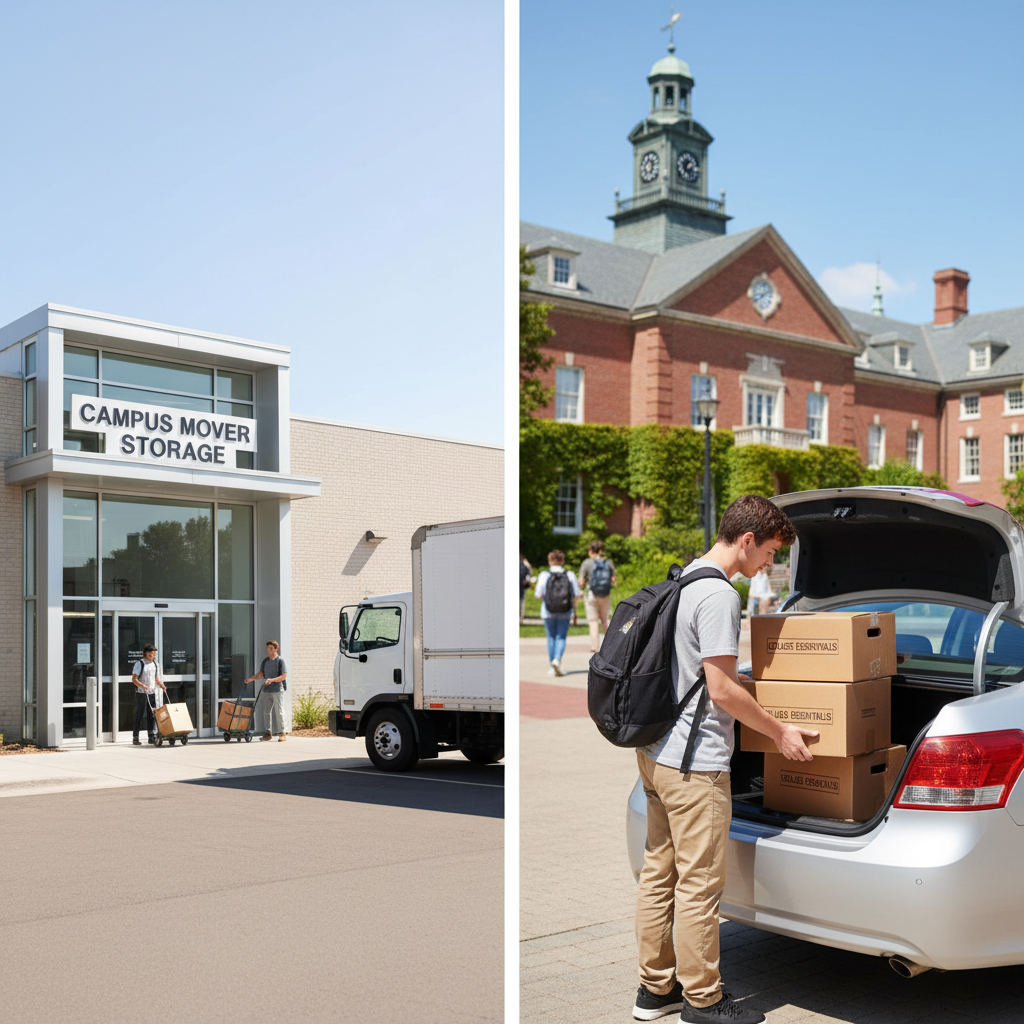 Split screen showing storage facility entrance on left side and student loading boxes into car trunk on right, with campus buildings visible in background