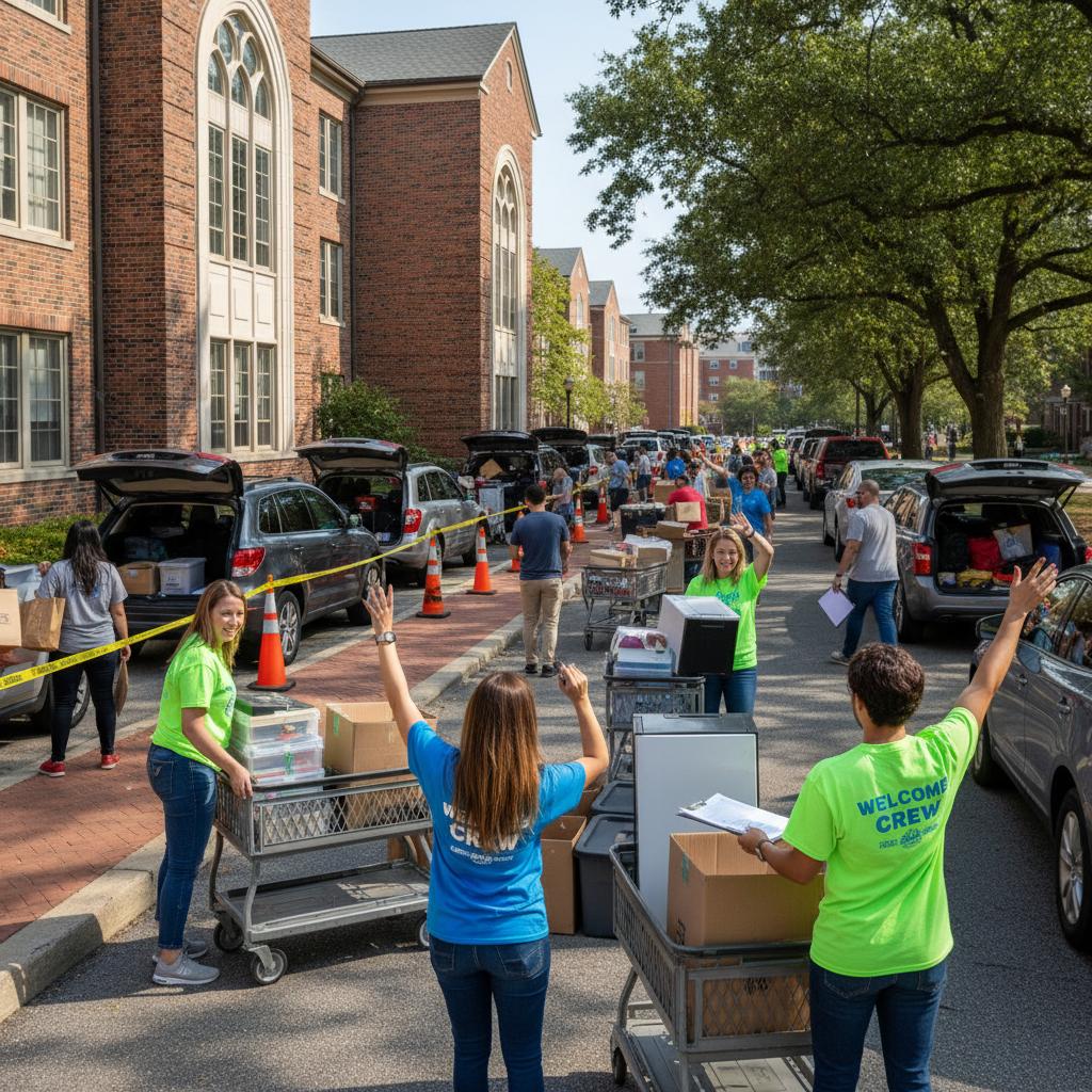 Busy college campus move-in day scene showing cars lined up in temporary unloading zone outside brick residence hall, with students and parents loading boxes and furniture onto metal carts while student volunteers in bright colored shirts direct traffic
