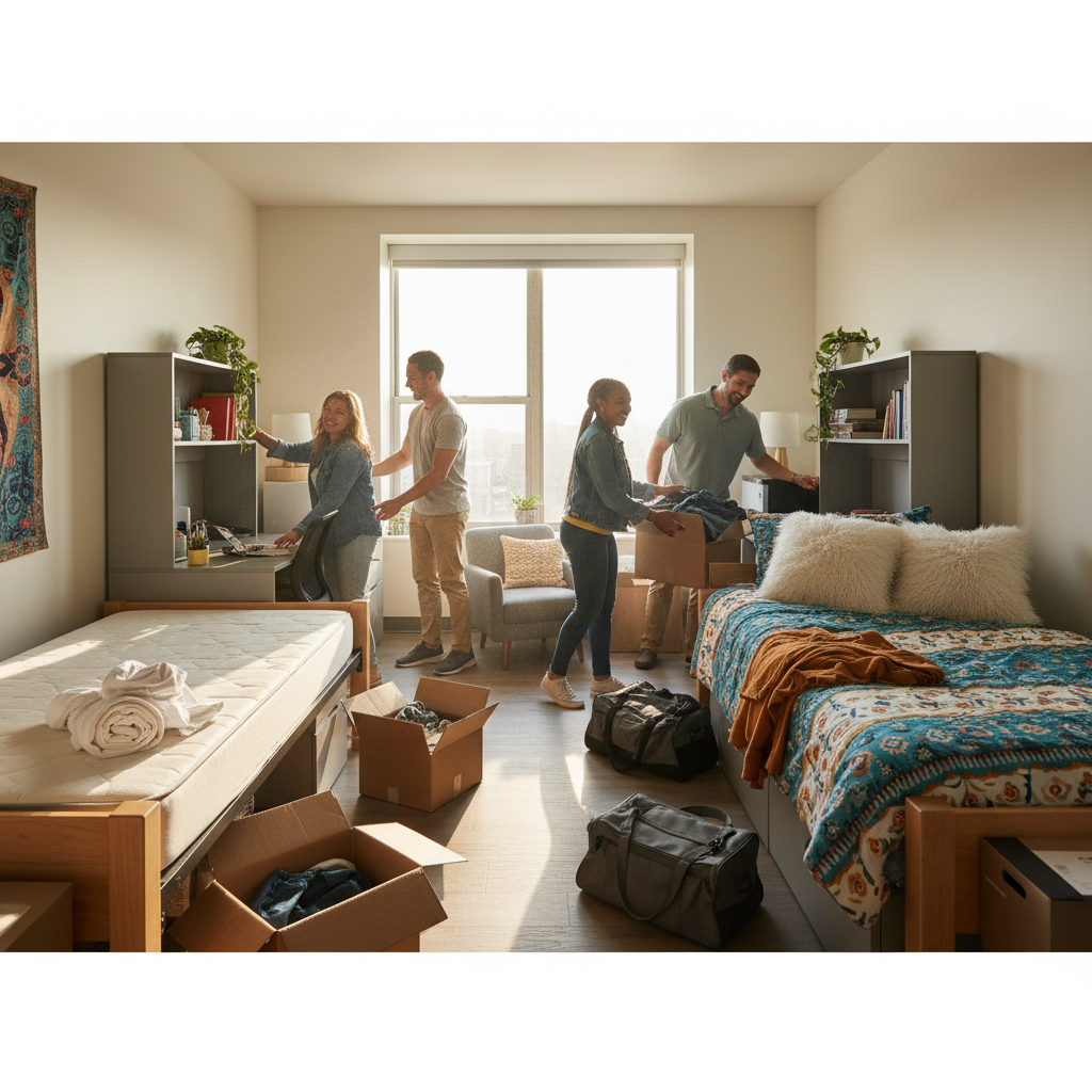 College dorm room mid-setup showing two students and parents arranging furniture, with boxes and bags scattered around, one bed made with colorful bedding while the other remains bare, afternoon sunlight streaming through window