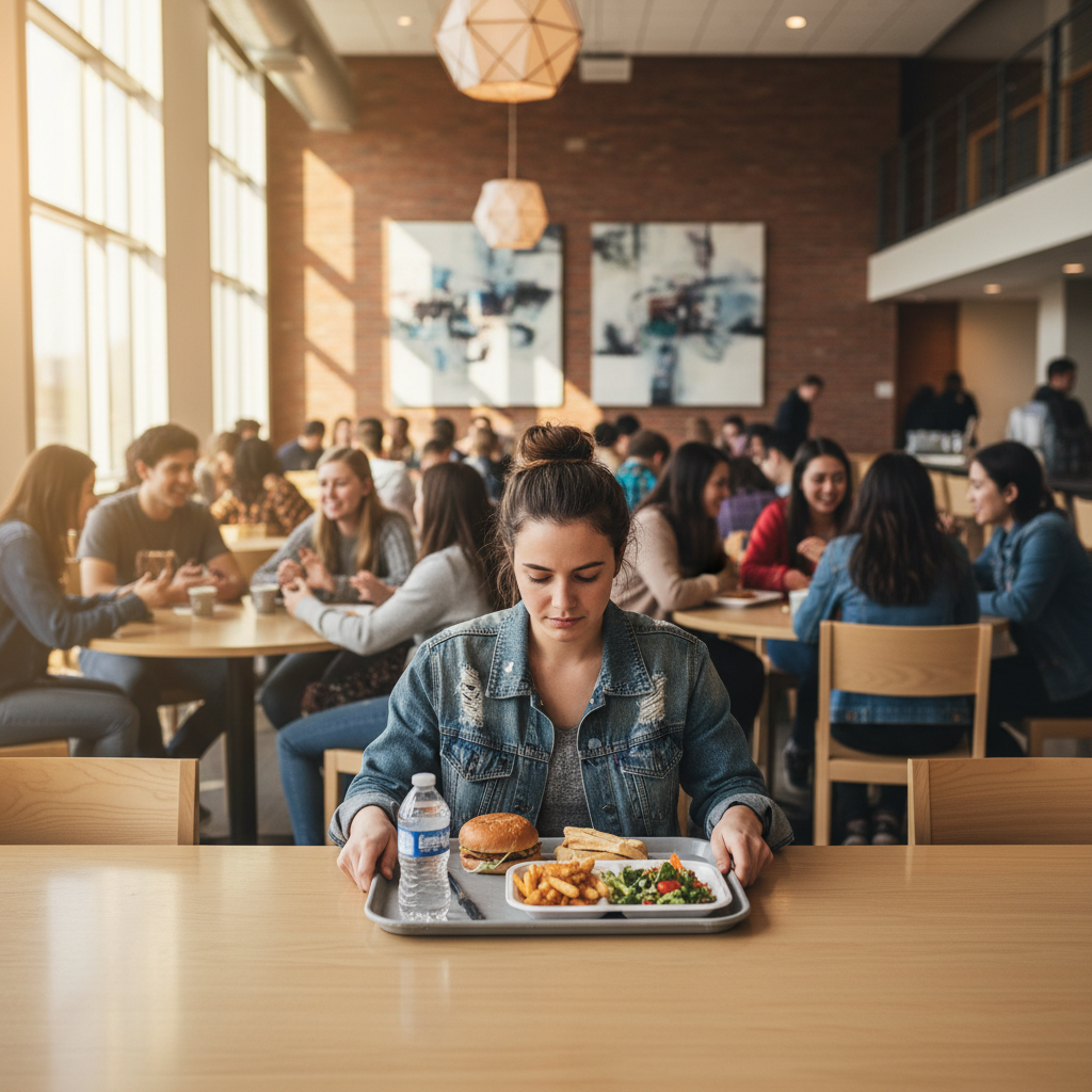 A college student sitting alone in a busy dining hall, looking slightly overwhelmed while holding a tray of food, with other students chatting at tables in the background - captures the vulnerability and adjustment period of first weeks