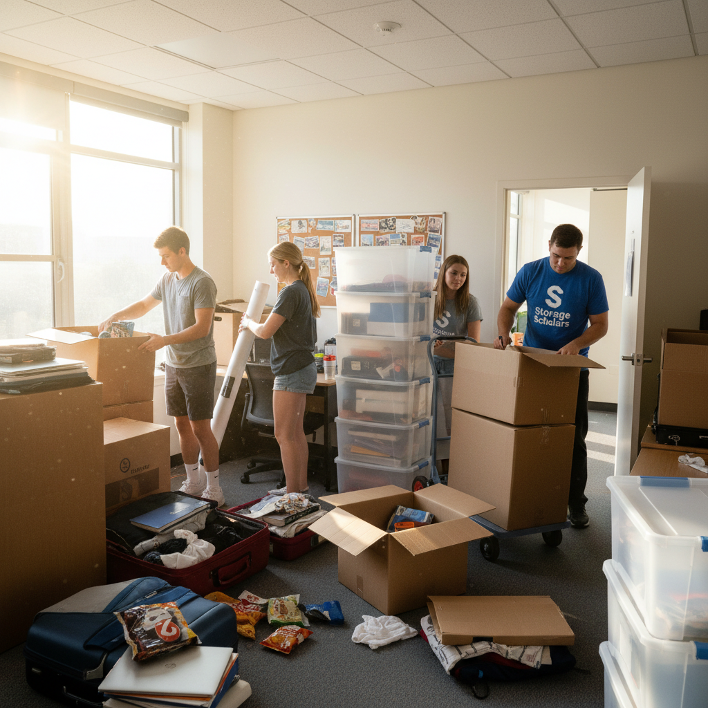 College students packing boxes in a dorm room during move-out, with Storage Scholars staff members helping to collect and organize items, showing the organized chaos of end-of-semester logistics
