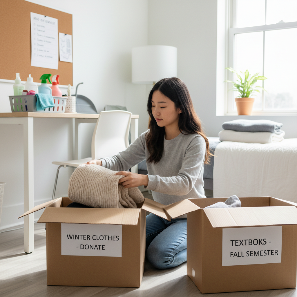 College student in a clean dorm room carefully packing winter clothes and textbooks into labeled cardboard boxes, with cleaning supplies visible on the desk and a checklist posted on the wall