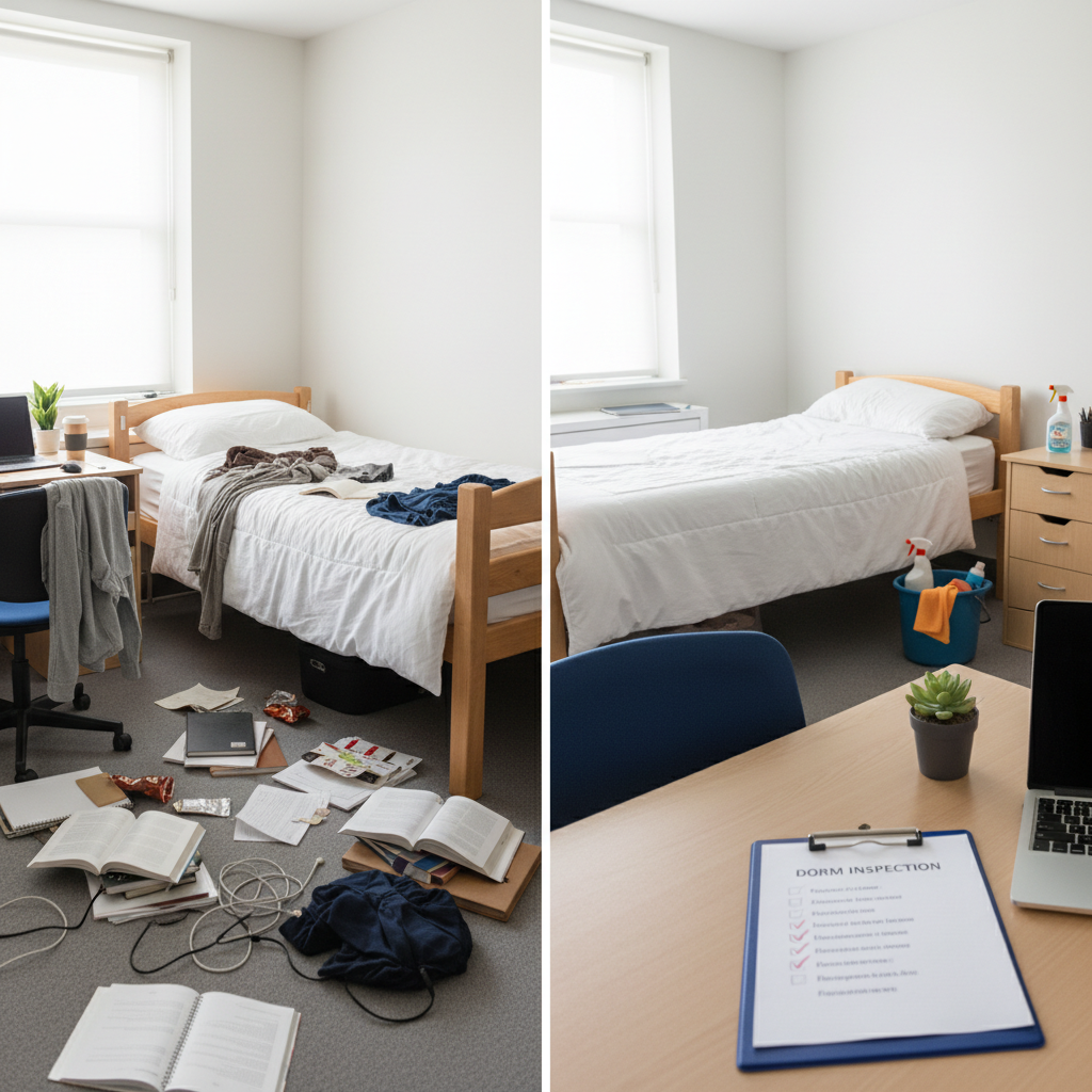 Split-screen showing a messy dorm room on the left with clothes scattered and unmade bed, contrasted with a spotless, empty dorm room on the right ready for inspection, with cleaning supplies and checklist visible