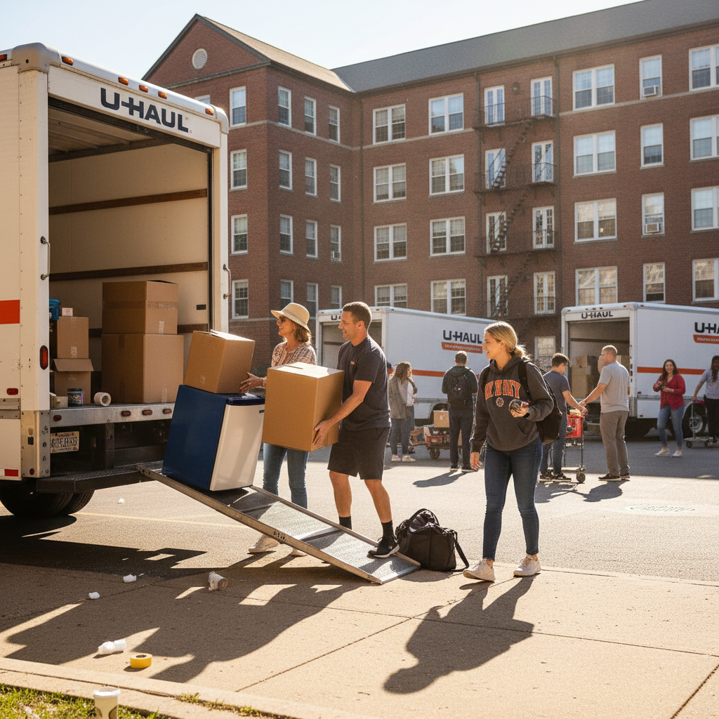 Parents loading boxes and a mini-fridge into a U-Haul truck outside a college dormitory, with other families doing the same in the background during move-out day
