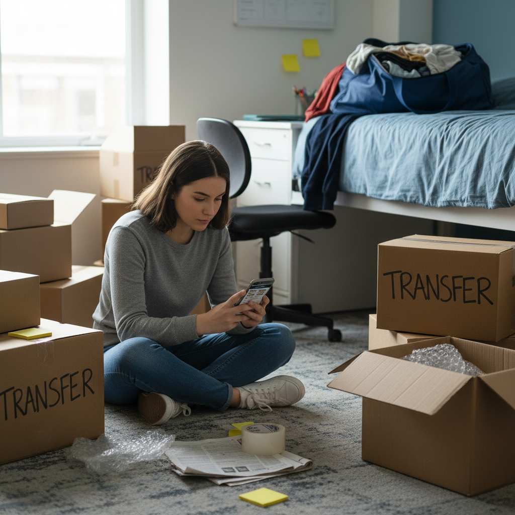 College student comparing storage unit prices on smartphone while sitting in partially packed dorm room with boxes labeled 