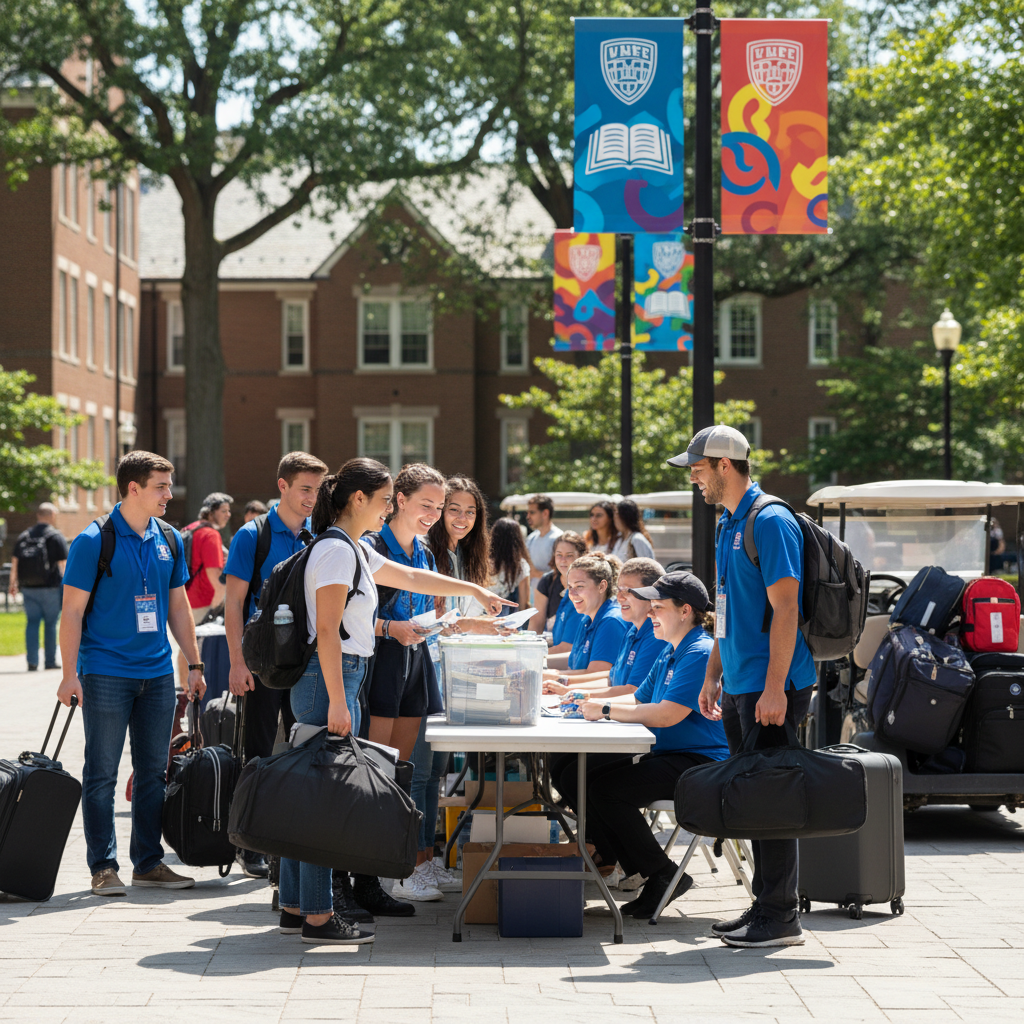 College students and parents standing in line at an outdoor check-in table with university staff, showing families with luggage and moving supplies waiting to receive room keys during move-in day