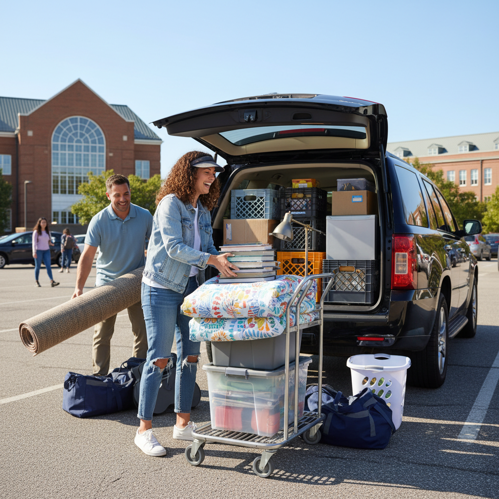 A family unloading a packed SUV with college dorm supplies, showing parents and student organizing items on a rolling cart next to their vehicle in a university parking lot