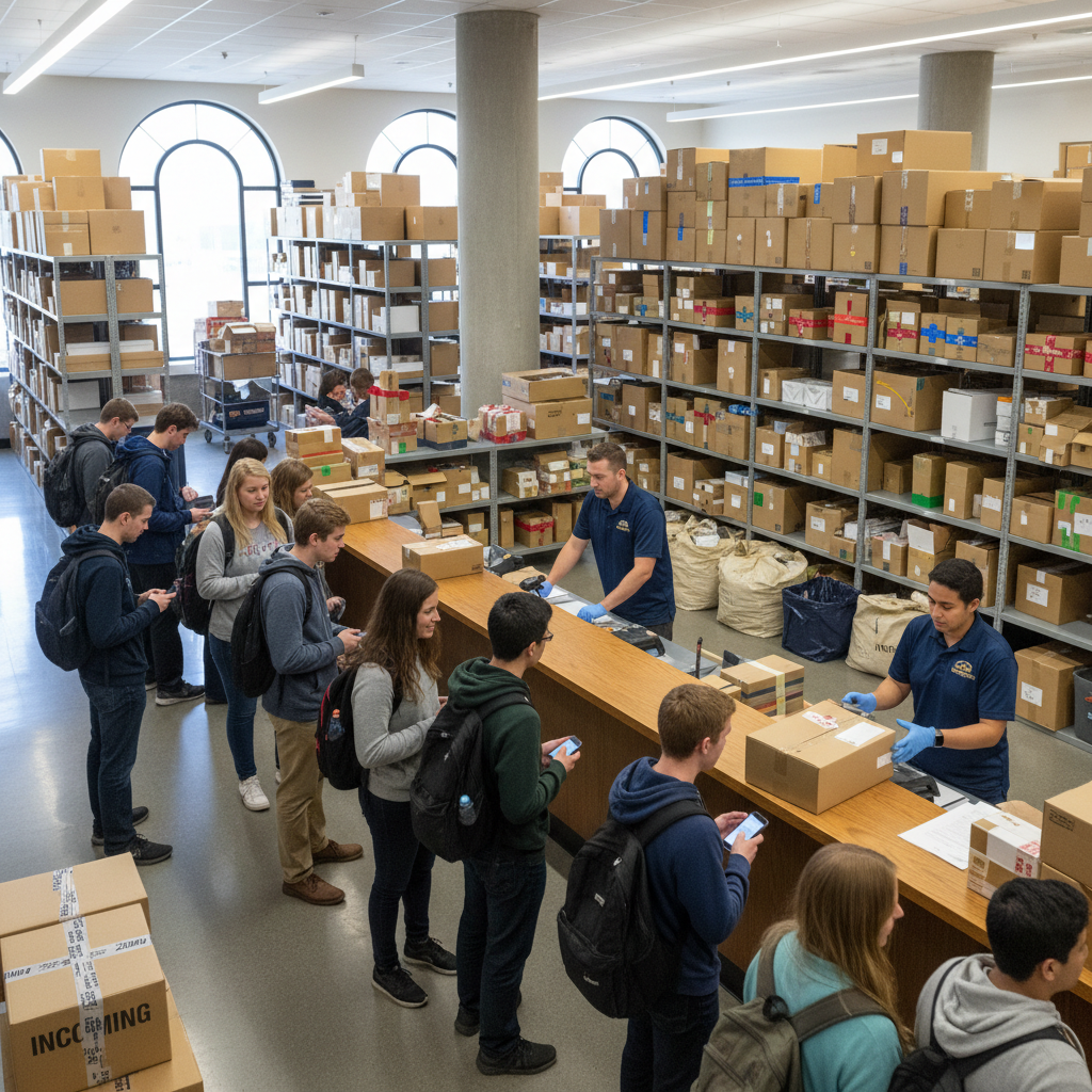 A busy college mail room with stacks of packages, students waiting in line, and overwhelmed staff sorting deliveries during peak season, showing the reality of college shipping logistics