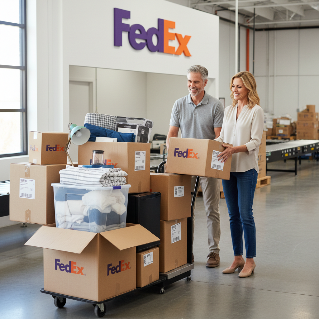 Parents loading boxes into a FedEx shipping center, with college dorm essentials like bedding and storage bins visible in the boxes, showing the professional shipping option for long-distance moves