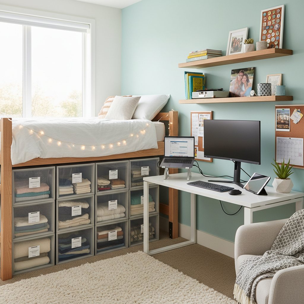 A well-organized dorm room showing the result of strategic packing, with storage bins neatly arranged under the bed, electronics set up on the desk, and personal items that made the long journey displayed on shelves