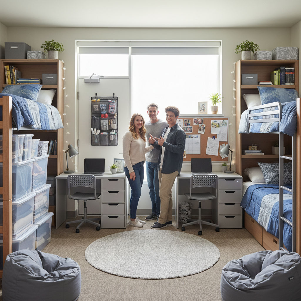Neatly organized dorm room showing smart space-saving solutions like under-bed storage, over-door organizers, and coordinated roommate furniture arrangement, with two students and parents admiring the efficient setup