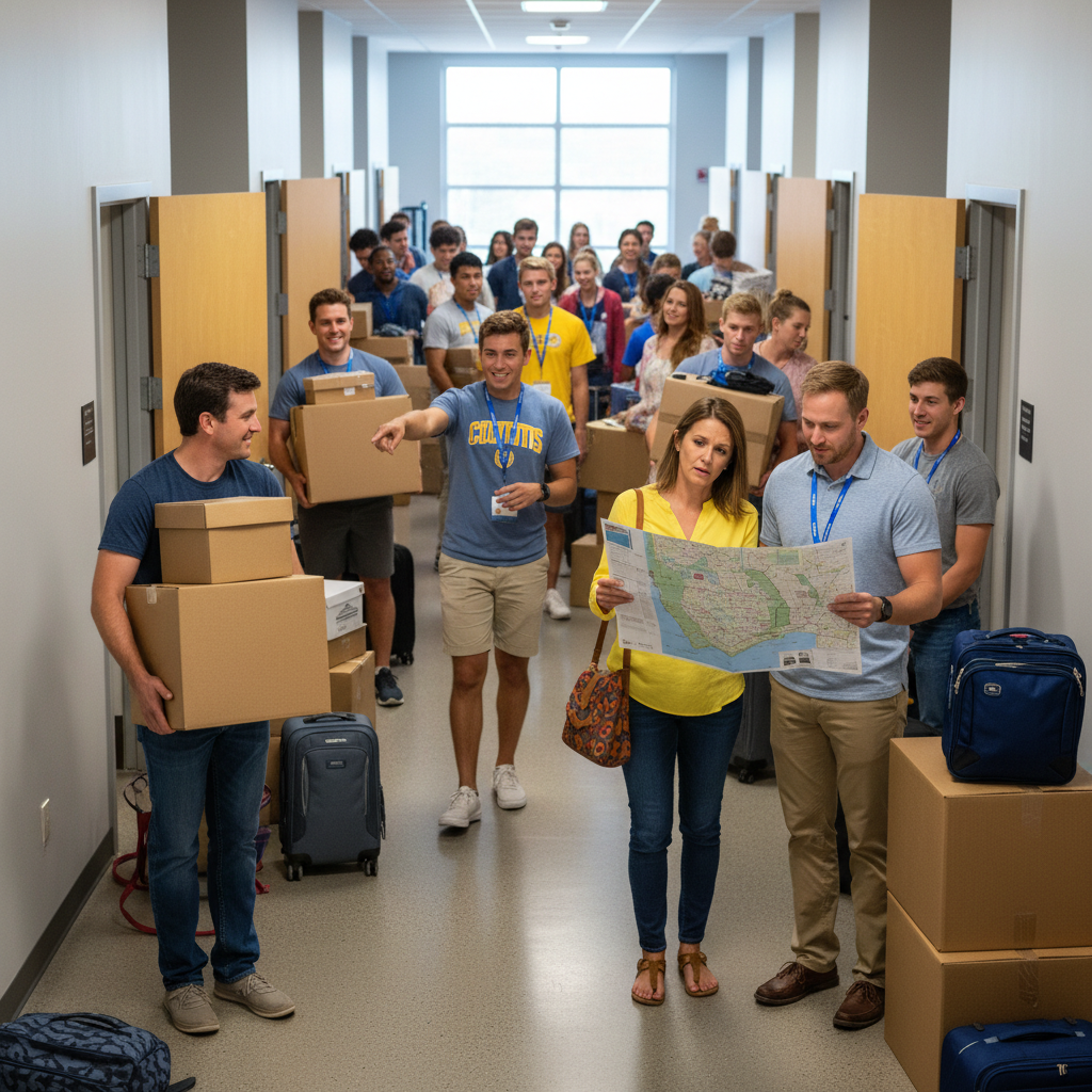 Busy college dorm hallway during move-in day with families carrying boxes, students directing traffic, and parents looking at campus maps with confused expressions, capturing the organized chaos of freshman move-in
