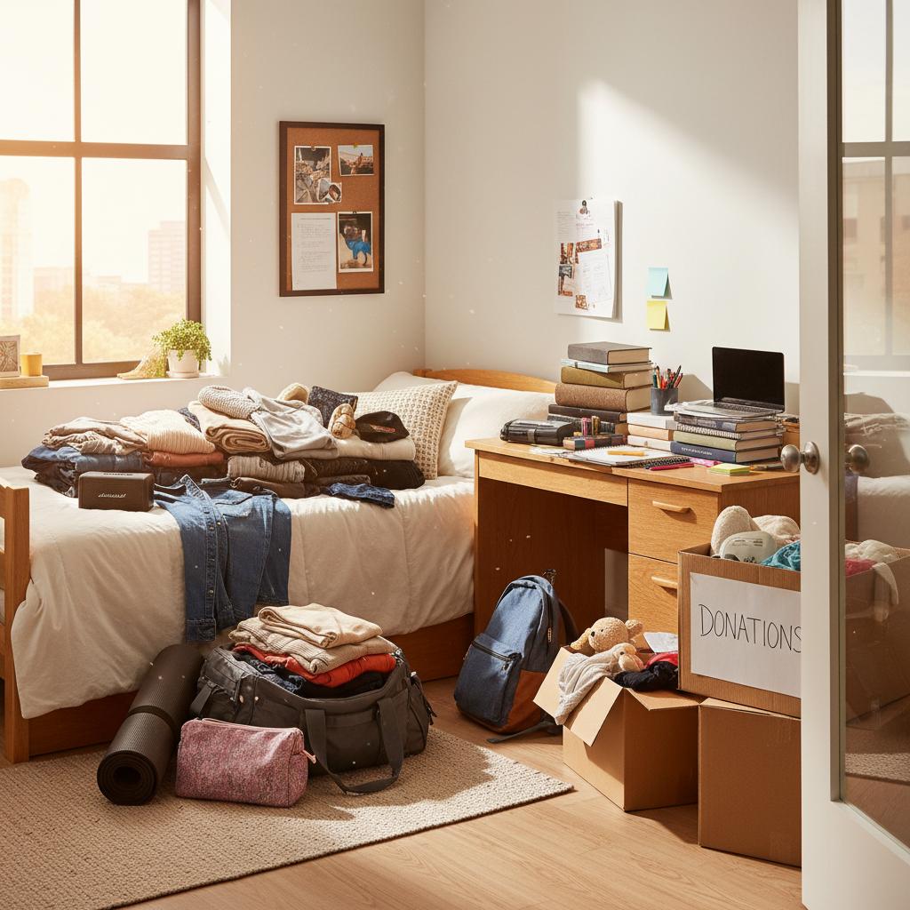 College student's dorm room during packing week showing three distinct piles of belongings - clothes and essentials on the bed, textbooks and school supplies on the desk, and items for donation in boxes by the door