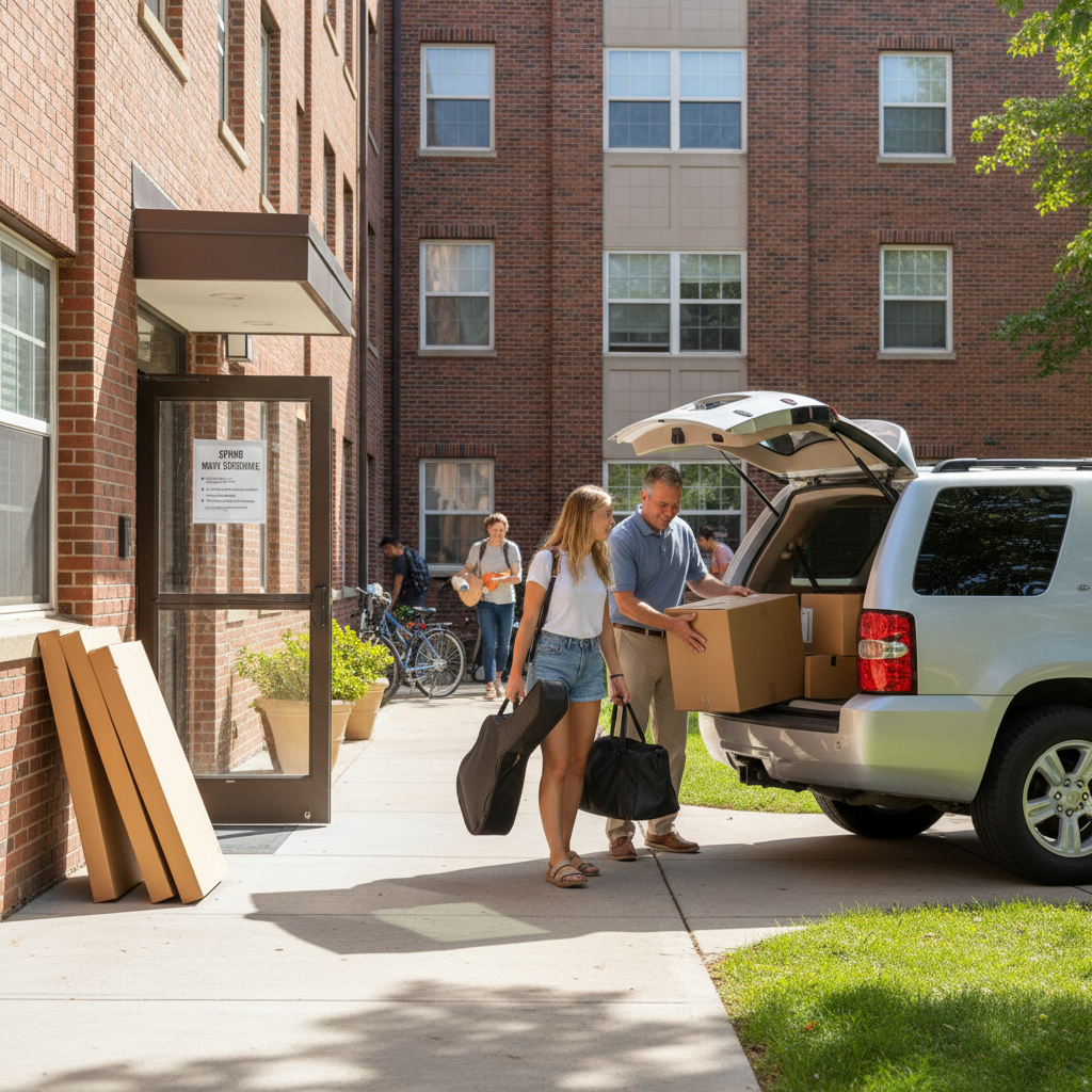 Parents and student loading boxes and belongings into an SUV outside a college residence hall, with a campus move-out schedule posted on the building entrance in the background