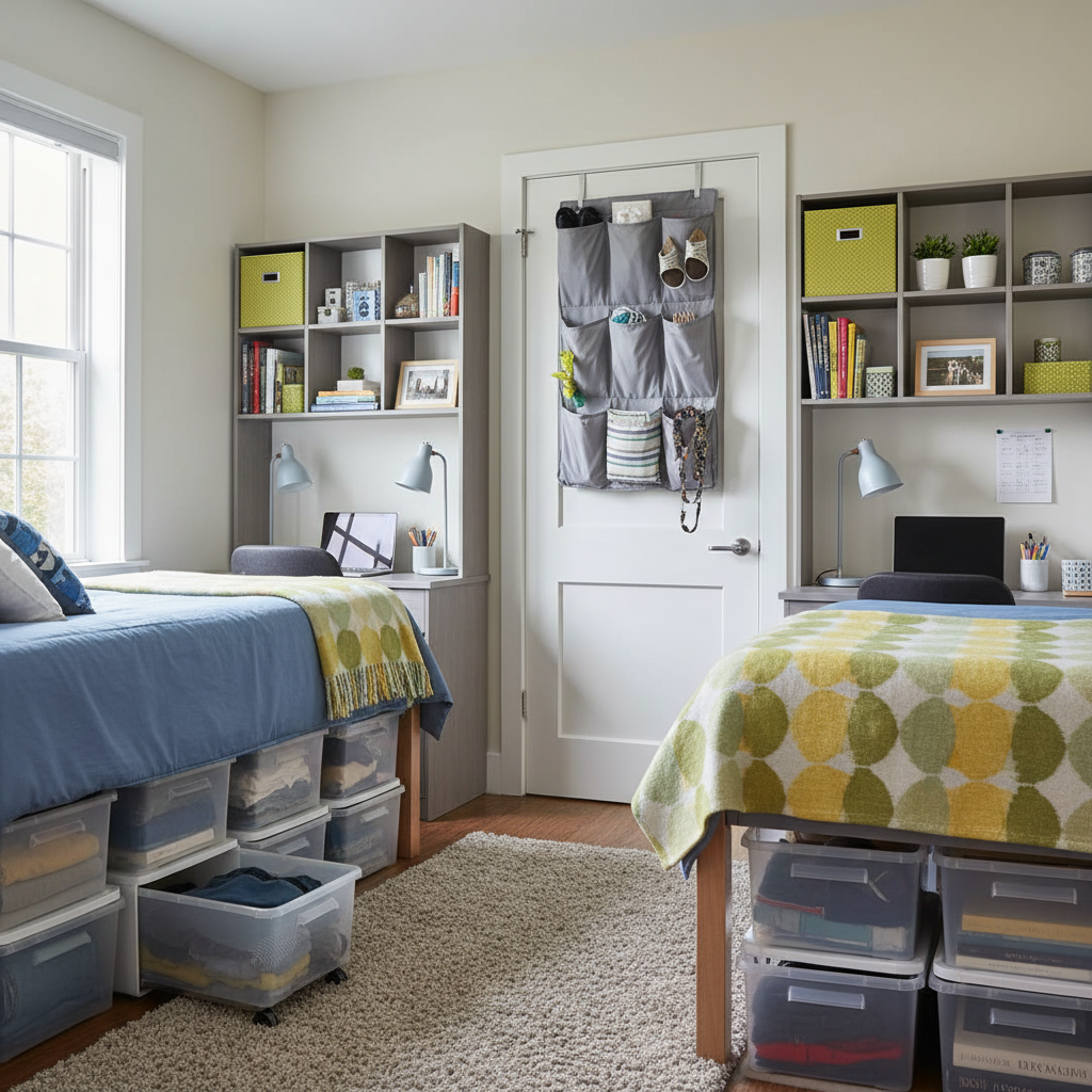Organized dorm room showing smart storage solutions like under-bed containers, over-door organizers, and vertical storage, with two students' belongings coexisting peacefully in a small space without clutter