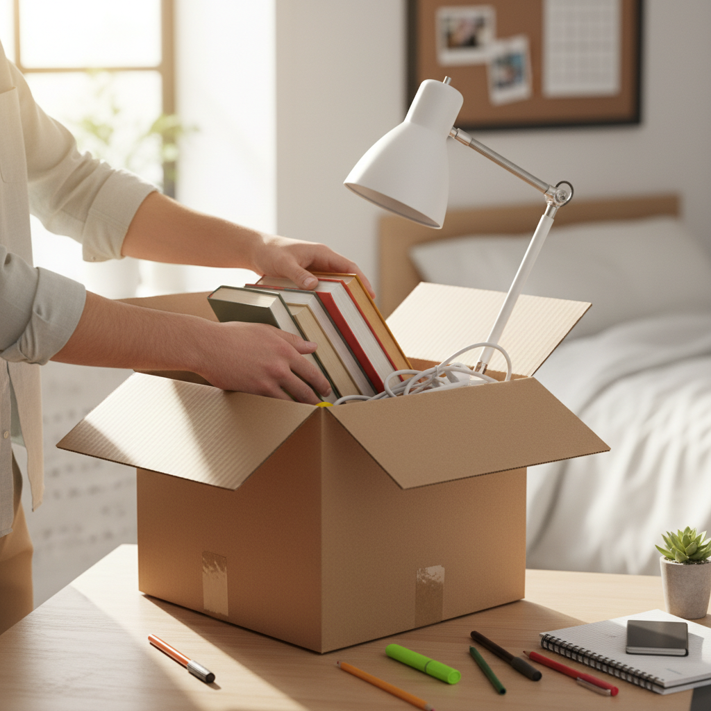 Close-up of a student's hands packing a cardboard box with various dorm items visible - textbooks, a desk lamp, charging cables, and school supplies scattered around