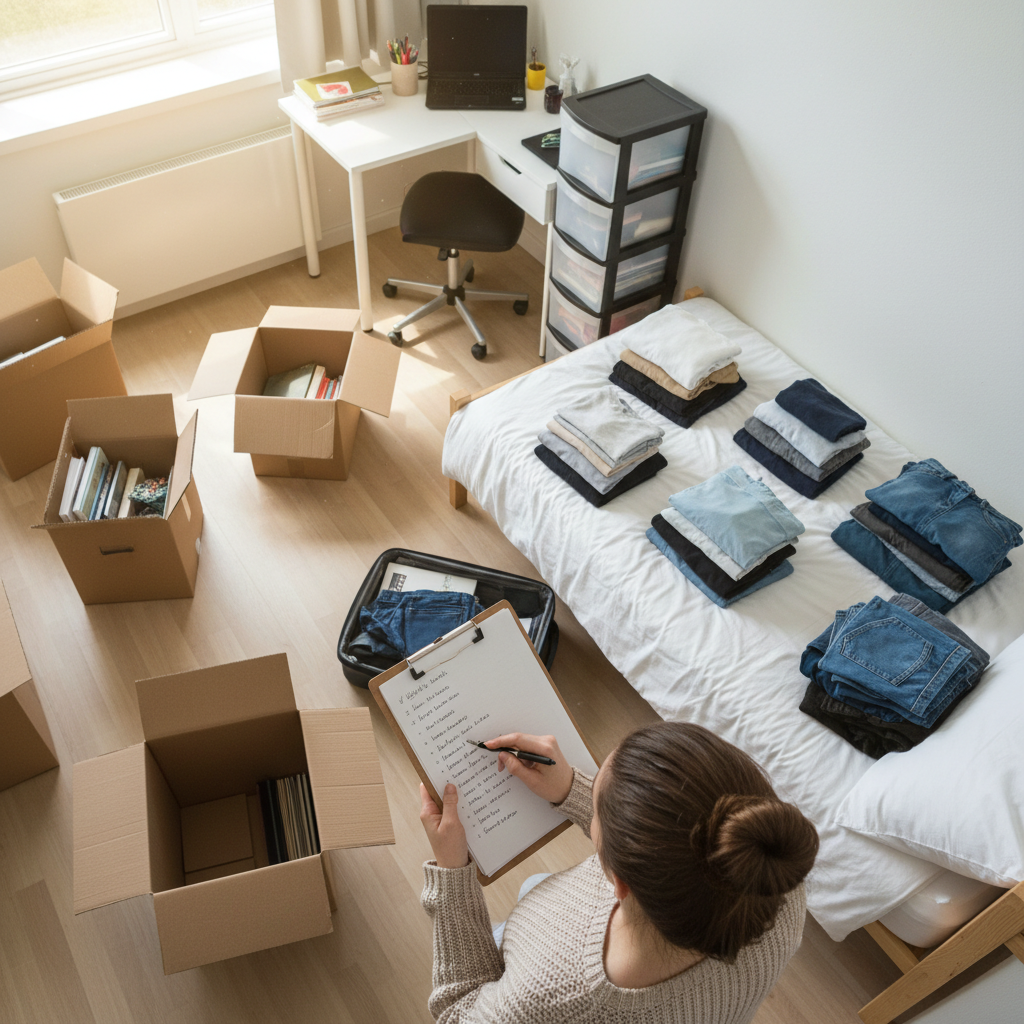 Overhead view of a dorm room in mid-pack with clothes sorted into piles on the bed, boxes scattered on the floor, and a student's hands visible holding a checklist