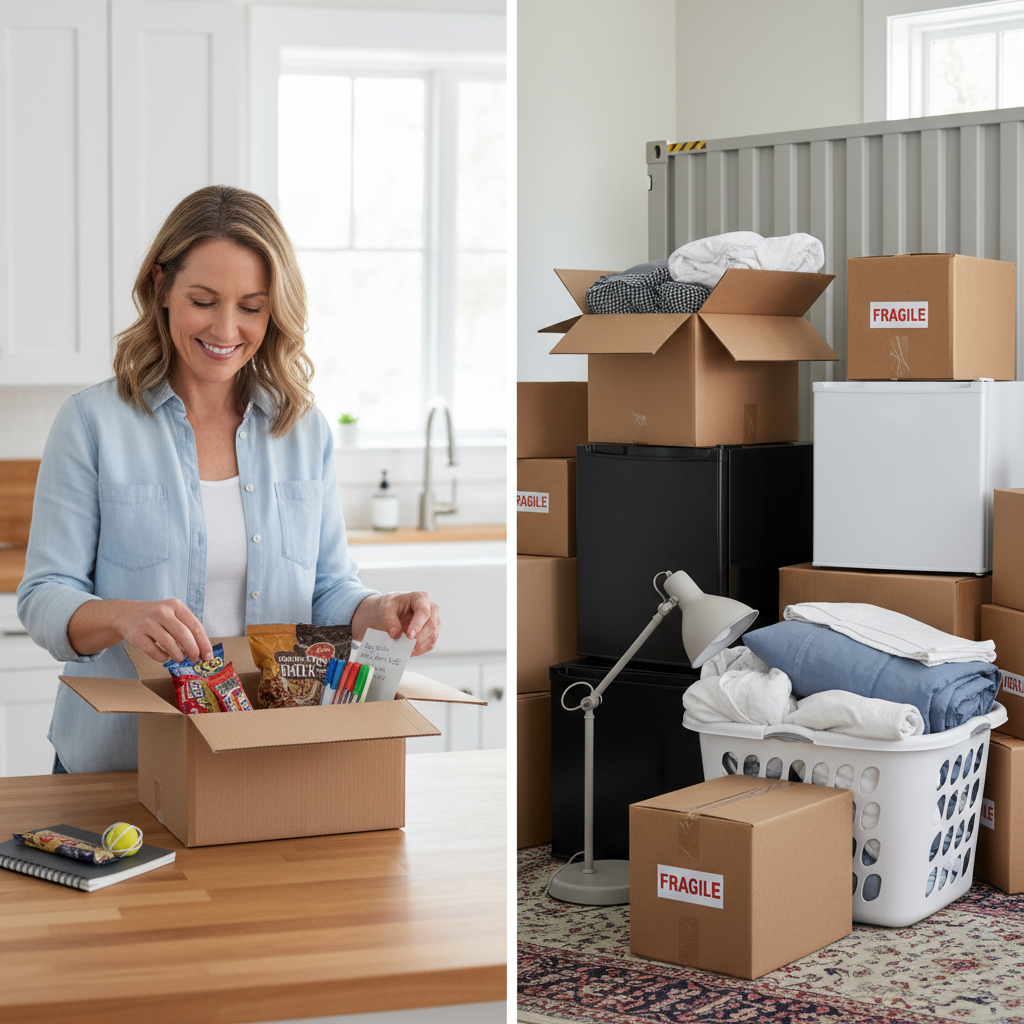 Split image showing a parent packing a small care package box with snacks and school supplies on the left, contrasted with a pile of large boxes, mini fridge, and dorm items ready for shipping on the right, illustrating the difference between smart shipping vs. expensive bulk shipping