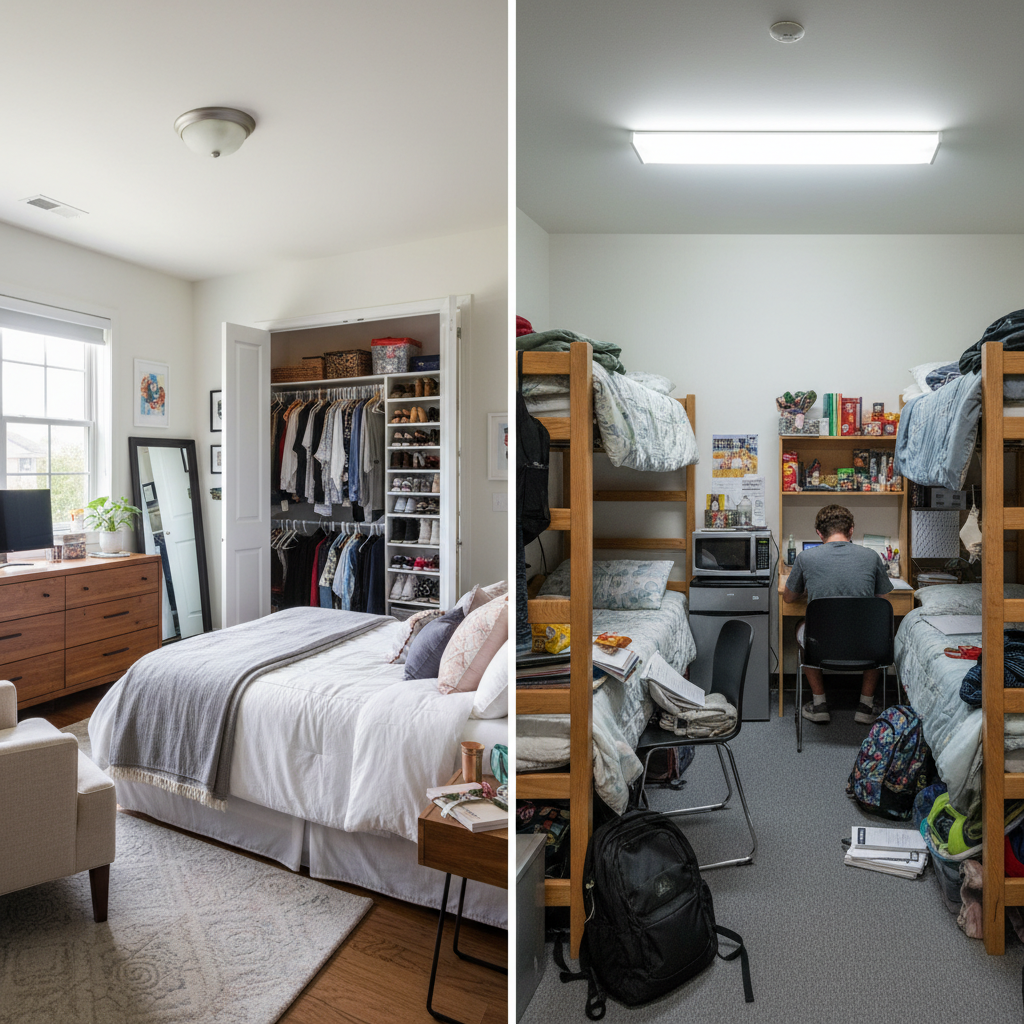 Split-screen photograph showing a spacious teenage bedroom on the left with full closet, dresser, and personal space, contrasted with a typical cramped dorm room on the right with two beds, minimal floor space, and students' belongings competing for every inch