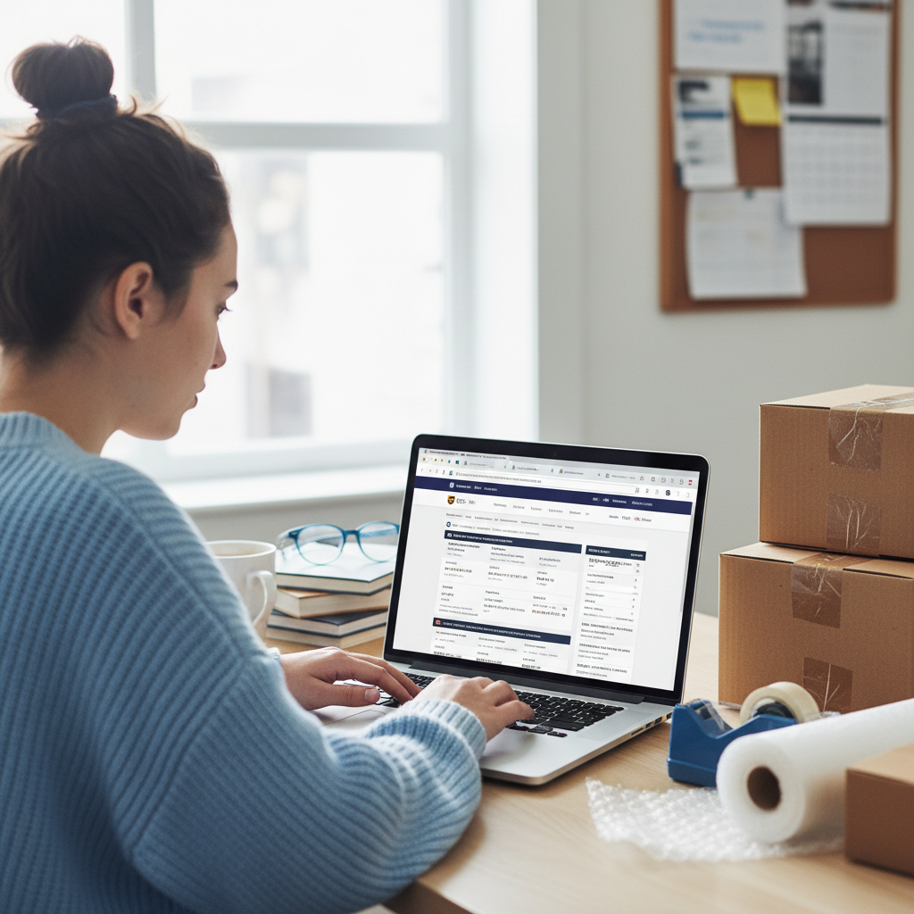 Close-up photo of college student comparing shipping rates on laptop screen with multiple carrier websites open, shipping boxes visible on desk beside them