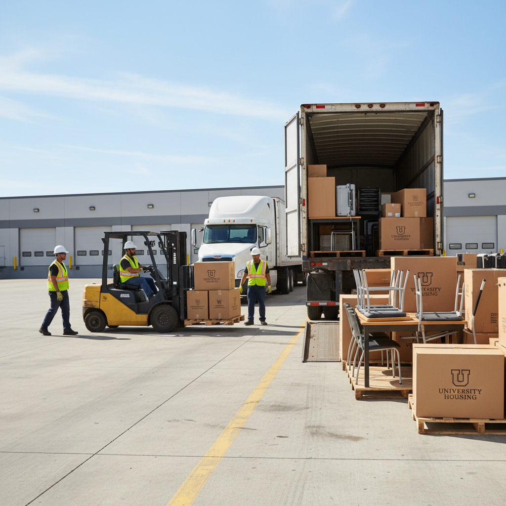 Wide shot of freight truck being loaded with palletized college furniture and boxes at a shipping dock, with workers using a forklift in the background