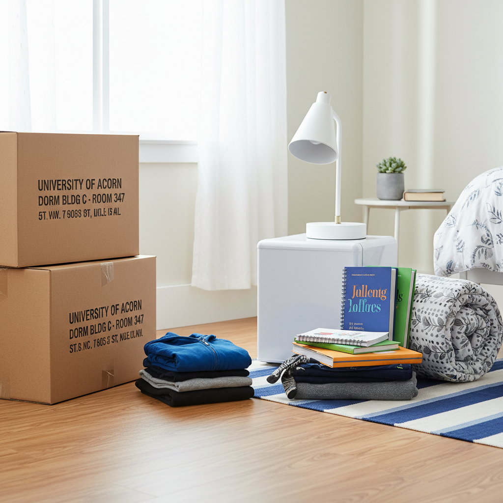 Neatly organized shipping boxes labeled with a college address, sitting next to organized piles of college essentials like folded clothes, textbooks, and dorm accessories on a bedroom floor