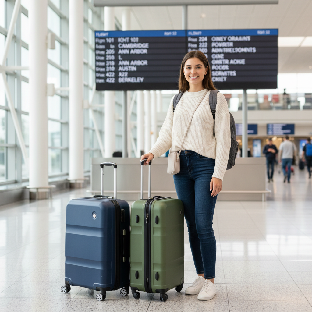 College student at airport with two moderate-sized suitcases and a backpack, looking confident and organized, with a departure board visible in the background showing various college town destinations
