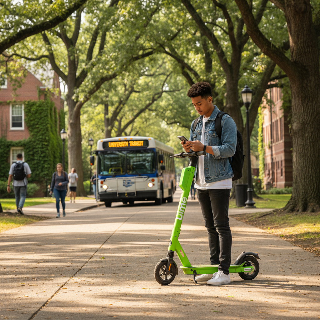 College student checking a smartphone app while standing next to a bright green Lime electric scooter on a tree-lined campus walkway, with a campus shuttle bus visible in the background