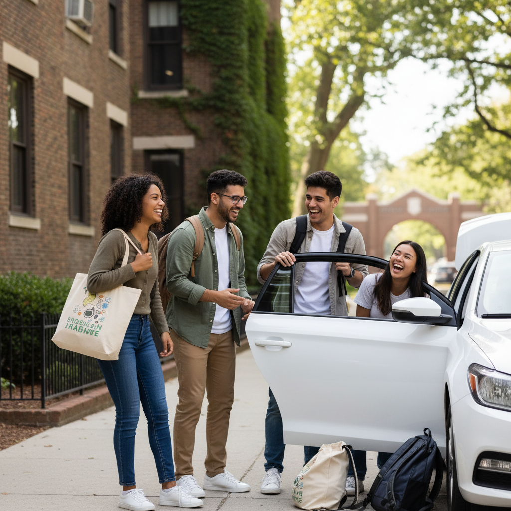 Group of four diverse college students laughing while getting into a white Uber or Lyft car outside a brick dormitory building, with backpacks and reusable shopping bags visible
