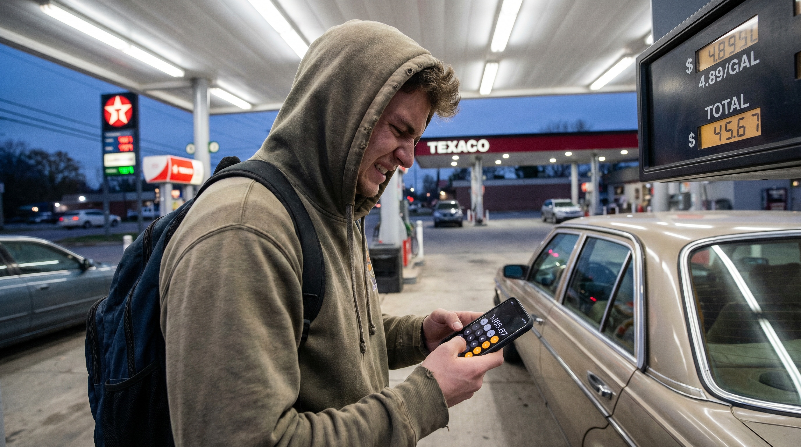 College student using phone calculator at gas station