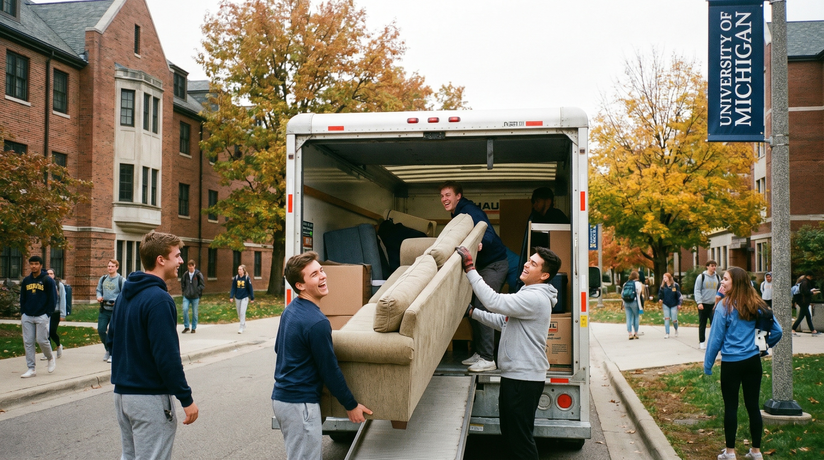 College students loading moving truck with campus in background