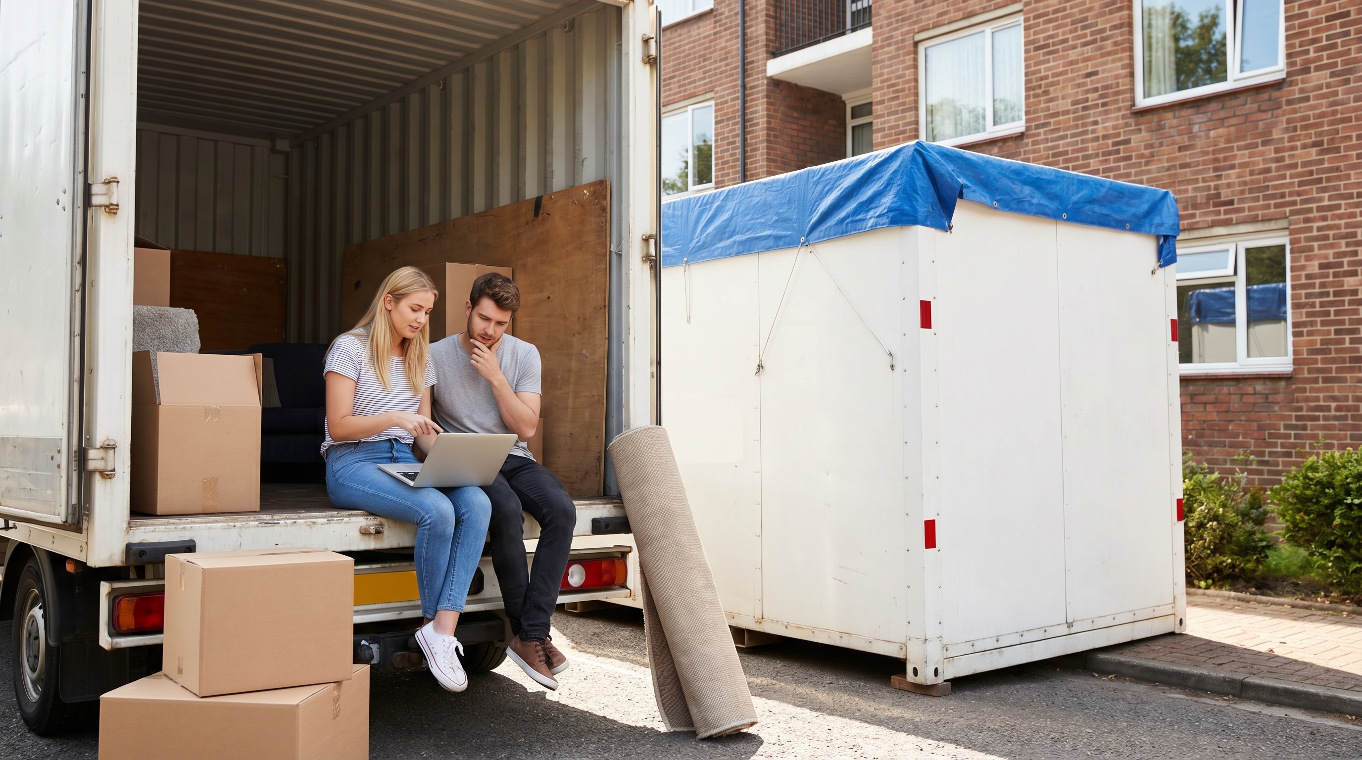 college students comparing moving containers on laptop