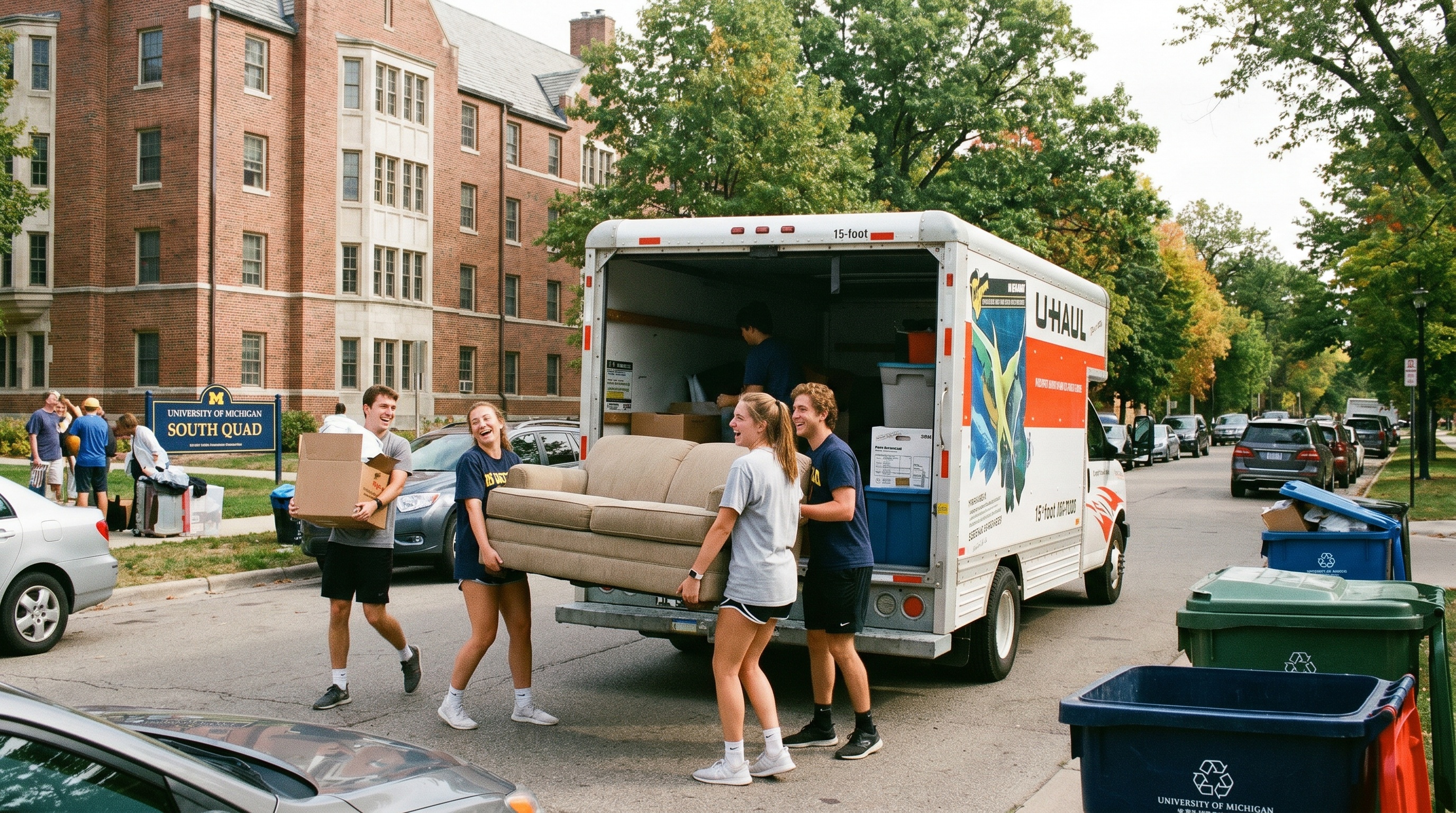 College students loading U-Haul truck outside dorm